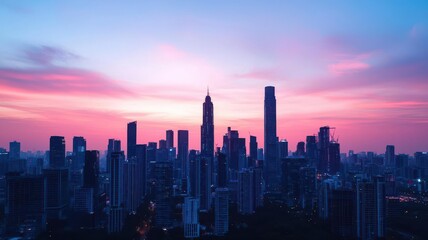 Fototapeta premium Glowing outline of a city skyline at dusk, capturing the transition from day to night, city glowtime, urban and dynamic