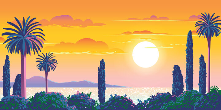 Mediterranean romantic landscape with traditional plants, palms and cypress trees in the front and island and sea in the background. Handmade drawing vector illustration.