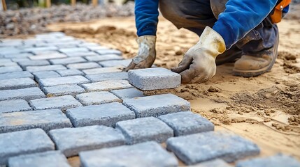 Construction Worker Laying Paving Stones