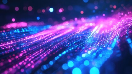 Obraz premium 3D rendering of an abstract background featuring glowing pink and blue neon lines in ultraviolet light complemented by bokeh lights representing a data transfer theme in a digital futuristic style