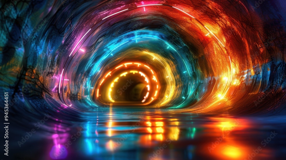 Poster a vibrant tunnel illuminated with colorful neon lights reflecting off the smooth surface, creating a