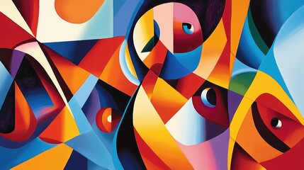 A lively abstract composition showcasing colorful geometric forms in a blend of red orange and blue tones