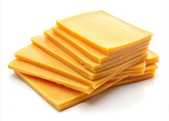 Golden yellow slices of processed cheese, neatly arranged on a white background, showcasing a familiar and comforting snack or sandwich filling.