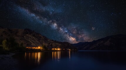 Milky Way over a Tranquil Lake with Cabin Lights