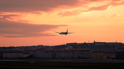 A plane is landing over a city at sunset with a colorful sky.