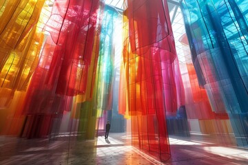 Fototapeta premium Large hanging installation of colorful translucent fabrics in a bright, sunlit room, creating a vibrant and ethereal atmosphere.