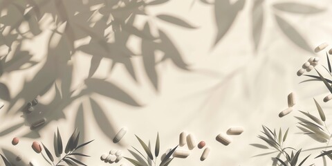 Abstract background with pills and drugs and plant shadows on beige background, minimalistic design.