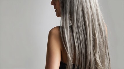 Naklejka premium A woman with long gray hair poses gracefully, showcasing her hairstyle and silhouette