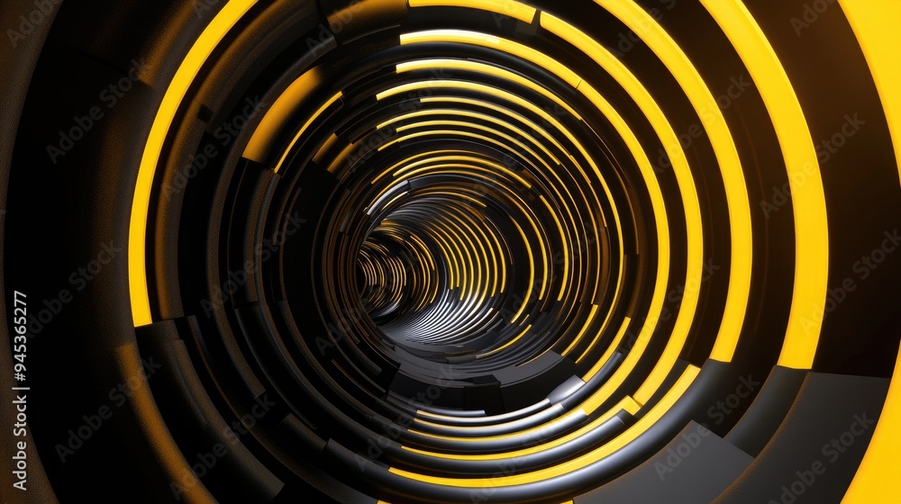 Poster abstract composition in black and yellow a circular tunnel featuring repetitive modern structures wi