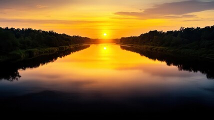 Obraz premium Hazy sunset over a calm river, humid weather, golden hour light