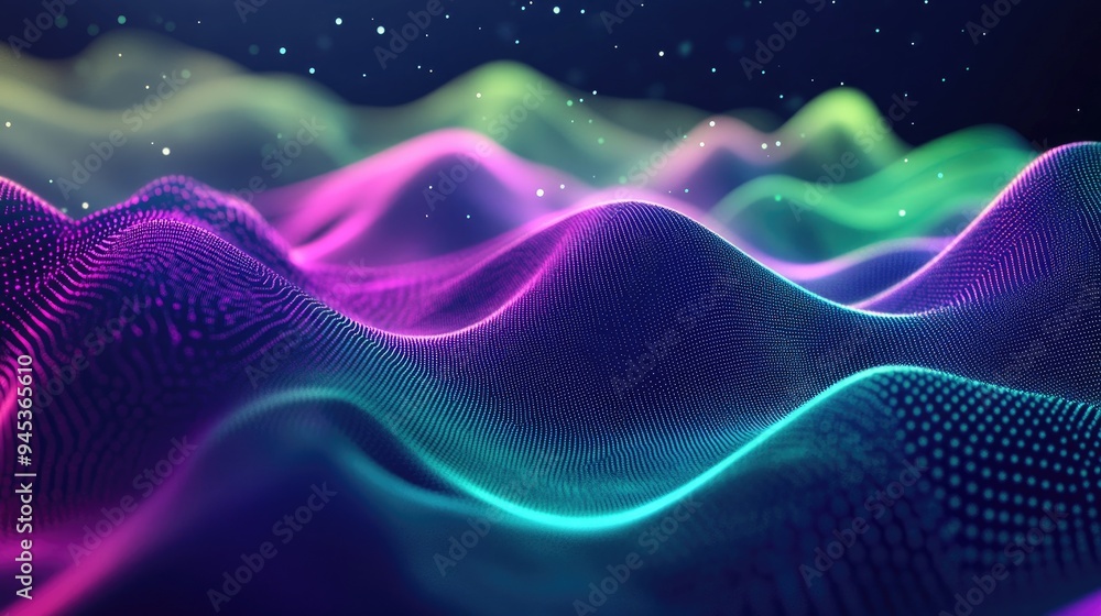Poster abstract flowing gradient of blue and green with particles creating a wavy geometric background digi