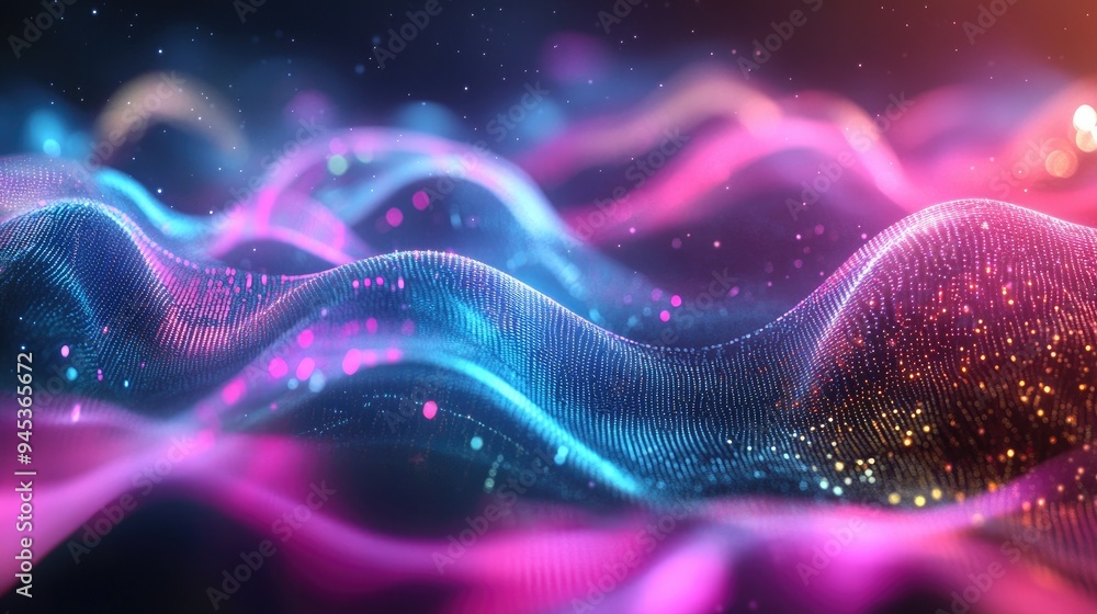 Poster abstract futuristic particle wave digital technology background featuring colorful musical waves sof
