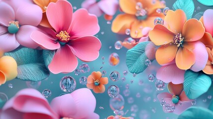 Abstract floral landscape with water droplets featuring a vibrant spring theme 3D rendering