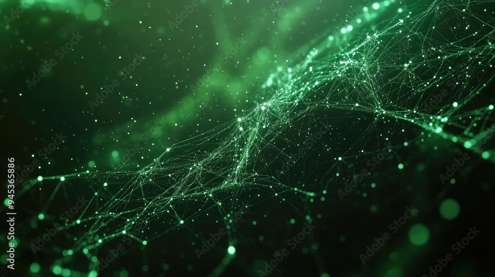 Poster abstract green technology background featuring connected particles and plexus lines illuminated by s