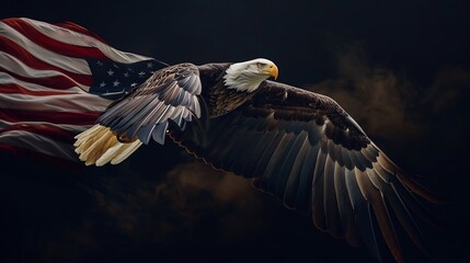 Fototapeta premium American Bald Eagle in Flight with Waving Flag