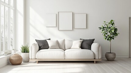 Fototapeta premium Bright living space featuring a sofa in a modern Scandinavian style 3D rendering of contemporary interior design