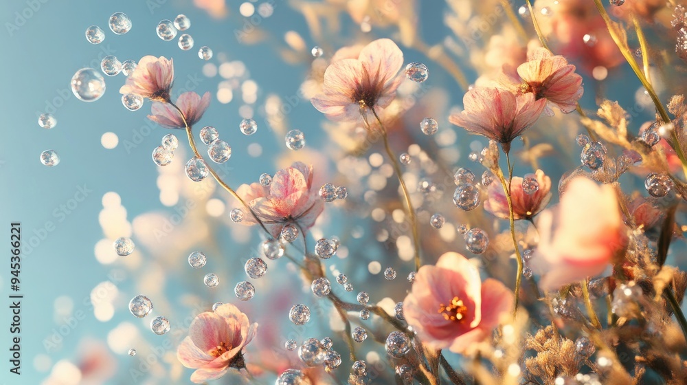 Poster abstract landscape featuring spring flowers and water bubbles created through 3d rendering technique