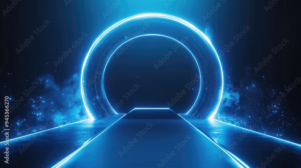 Poster abstract portal and frame featuring dynamic light lines representing movement and speed blue hues wi