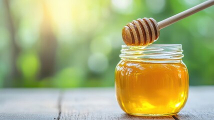 Honey jar with a wooden dipper