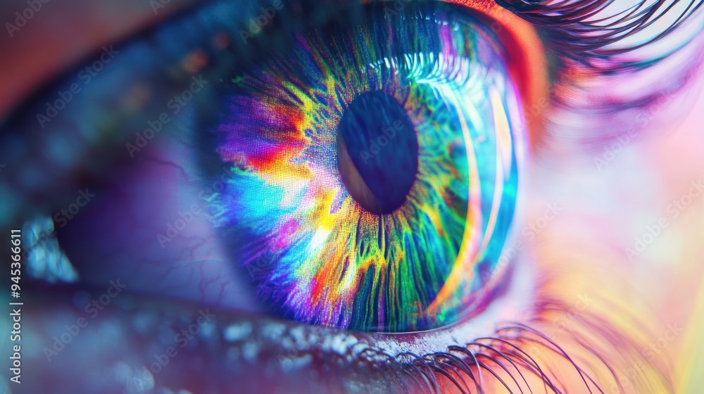 Poster animated concept of a human eye iris featuring multicolored patterns rainbow lines disperse from a b