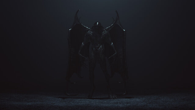 Vampire creature large demon monster leathery wings sharp claws sinister Halloween folklore 3d illustration render digital rendering