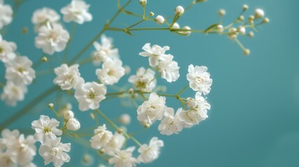 Close-up of white baby's breath flowers against a teal background, creating a fresh and delicate botanical image.