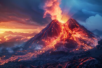 Majestic volcanic eruption with glowing lava flow under a stormy sky.
