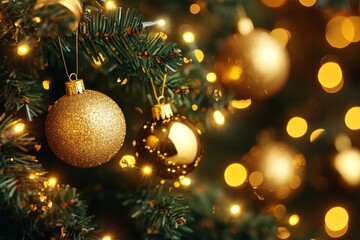 Luxurious Gold Christmas Ornaments on a Tree Illuminated by Soft Lights Highlighting the Elegance Beauty and Festive Spirit of the Holiday Season in a Serene Home Setting