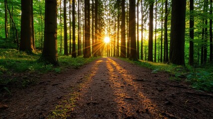 Obraz premium Radiant golden hour sunbeams illuminating a quiet forest path, nature's glowtime, peaceful and inspiring landscape