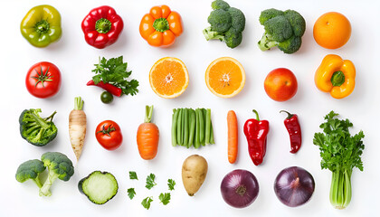Healthy food background/studio photography of various fruits and vegetables on white background