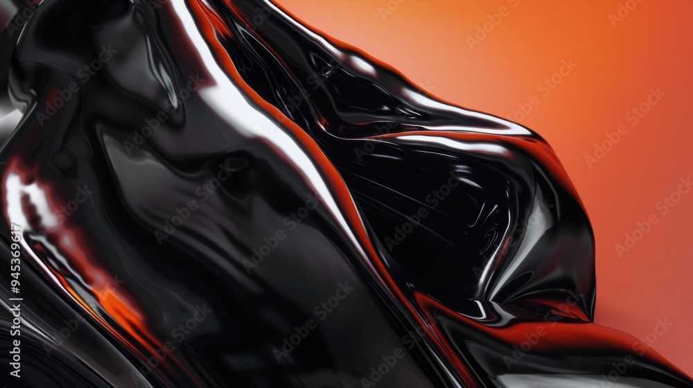 Poster abstract fluid art with black and orange hues creating a dynamic, glossy, and flowing visual effect.