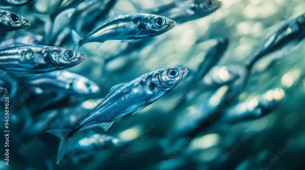 Poster a close-up of a shoal of silver fish darting around, with their bodies reflecting light and creating