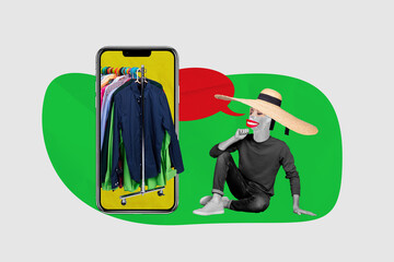 Composite photo collage of happy anonym guy cut mouth eyes sit big phone screen bubble phrase...