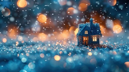 Fototapeta premium A tiny house covered in snow with glowing lights, set in a winter wonderland with bokeh lights creating a festive atmosphere.