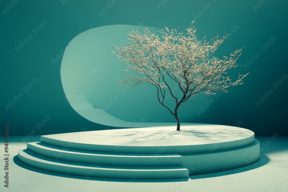 Poster modern minimalist room with a bonsai tree on a pedestal illuminated by soft lighting capturing the e