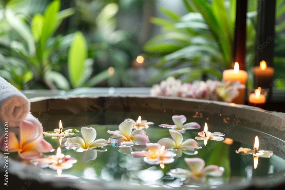 Poster relaxing spa setting with floating flowers and candles in a tranquil environment surrounded by lush 