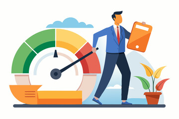 Push skill level, credit score or increase performance, improvement or effort to be better, excellent customer feedback review, gauge scale rating concept, businessman pushing skill performance gauge.