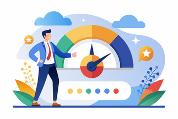 Push skill level, credit score or increase performance, improvement or effort to be better, excellent customer feedback review, gauge scale rating concept, businessman pushing skill performance gauge.