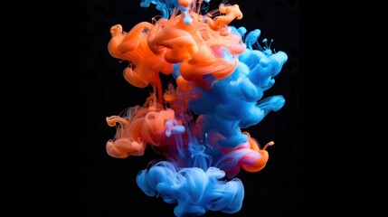 Vivid orange and blue ink swirls gracefully in water against a black background, creating a striking and dynamic abstract image.