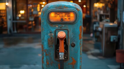 closeup of vintage gas pump nozzle at retro filling station worn metal and faded paint evoke nostalgia for classic americana