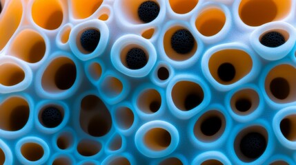 Biologic Film Showing Array of Blue Circular Cells with Black Parts