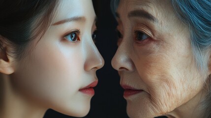 Fototapeta premium Young woman and her elderly mother take care of their skin and look great,Two generations,Beautiful middle aged mother and her adult daughter,skincare and Aging concept,Comparison of young and old.
