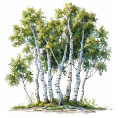 Fototapeta premium A watercolor illustration of a group of birch trees with white bark and green leaves. The trees are growing in a forest setting and the sunlight is shining through the leaves