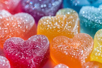 Colorful heart-shaped gummy candies covered in sugar crystals on a blurred pastel background.