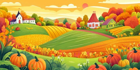 A vibrant autumn landscape featuring pumpkins, rolling hills, and colorful trees at sunset