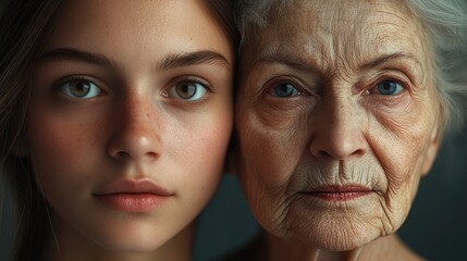Young woman and her elderly mother take care of their skin and look great,Two generations,Beautiful middle aged mother and her adult daughter,skincare and Aging concept,Comparison of young and old.