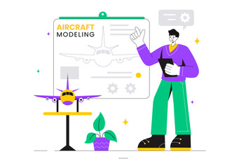 Aircraft Modeling and Crafting Vector Illustration with Assembling or Painting a Huge Airplane Model as a Replica of an Existing in the Background