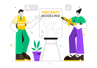 Aircraft Modeling and Crafting Vector Illustration with Assembling or Painting a Huge Airplane Model as a Replica of an Existing in the Background