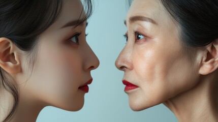 Fototapeta premium Young woman and her elderly mother take care of their skin and look great,Two generations,Beautiful middle aged mother and her adult daughter,skincare and Aging concept,Comparison of young and old.