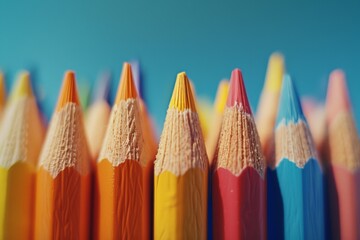 A close-up of sharpened colored pencils arranged in a row, with a focus on their pointed tips and vibrant colors.
